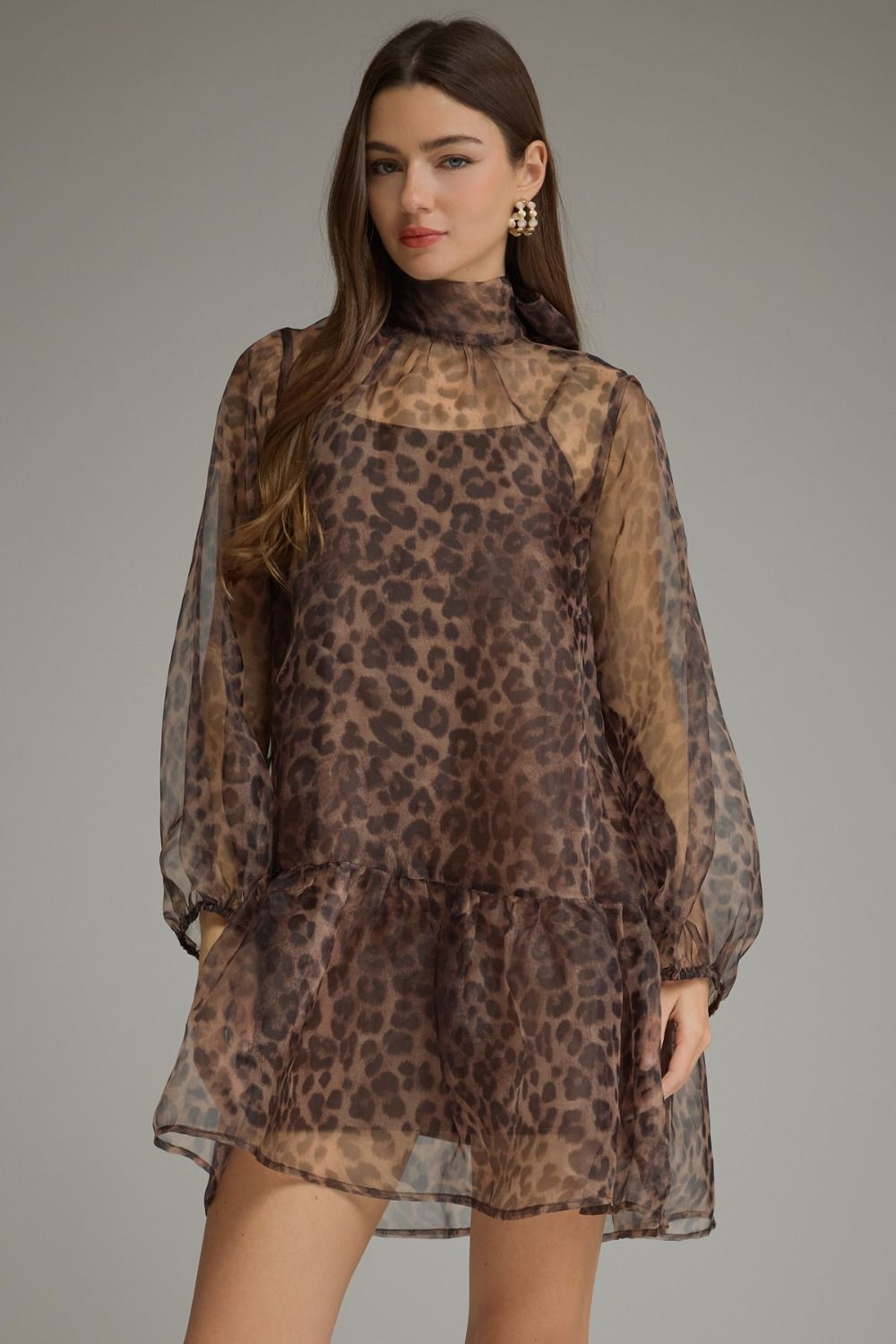 Leopard Print Long Balloon Sleeve Mini Dress