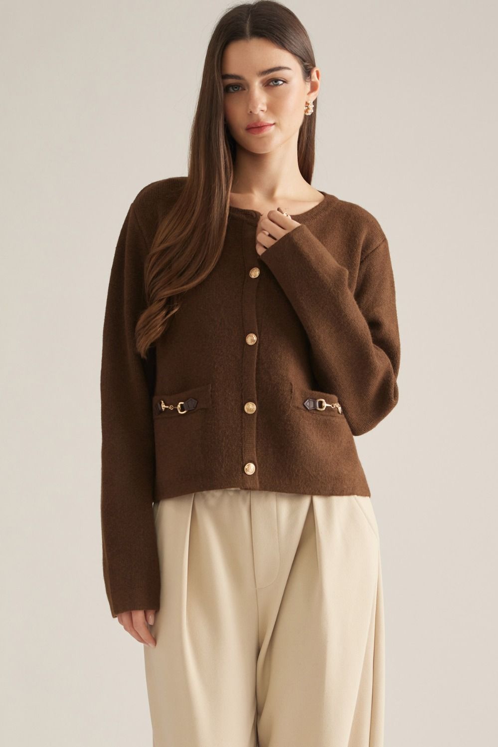 Brown Long Sleeve Horse Bit Knit Jacket