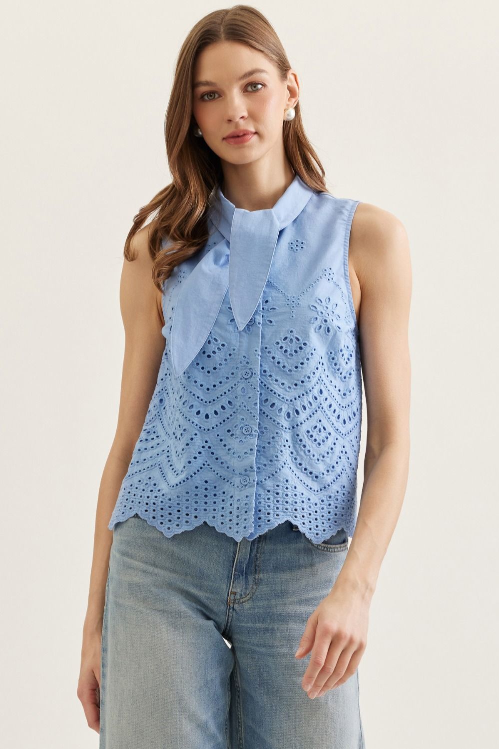 Blue Solid Sleeveless Top Featuring Eyelet Embroidery Detail