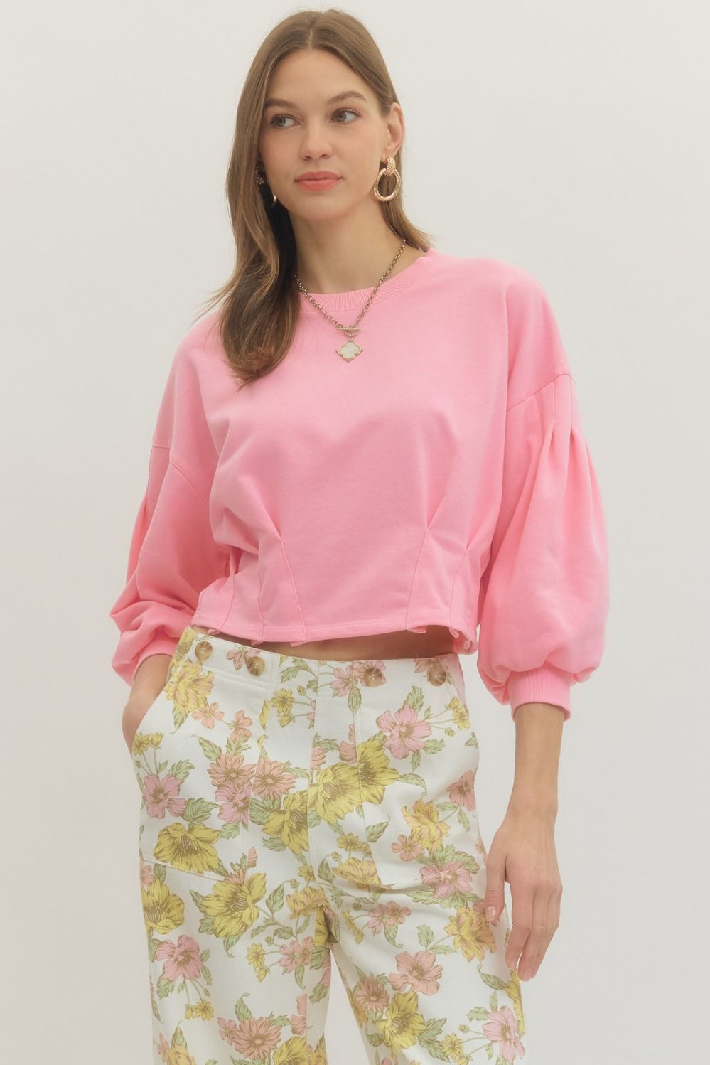 Pink Solid 3/4 Balloon Sleeve Crop Top