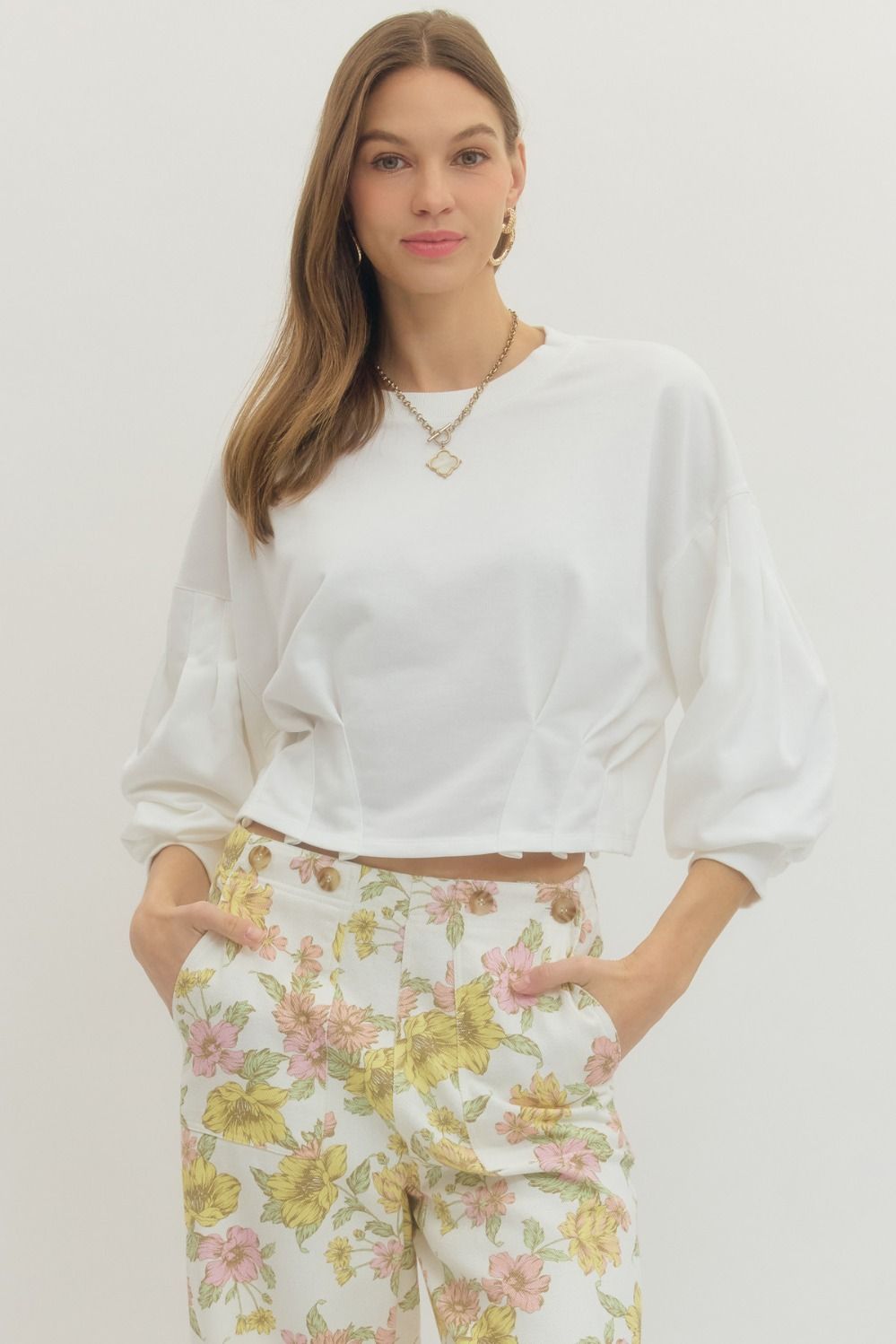 White Solid 3/4 Balloon Sleeve Crop Top