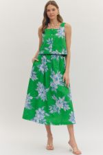 Green Botanical Print Midi Skirt
