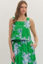 Green Botanical Print Sleeveless Square Neck Top