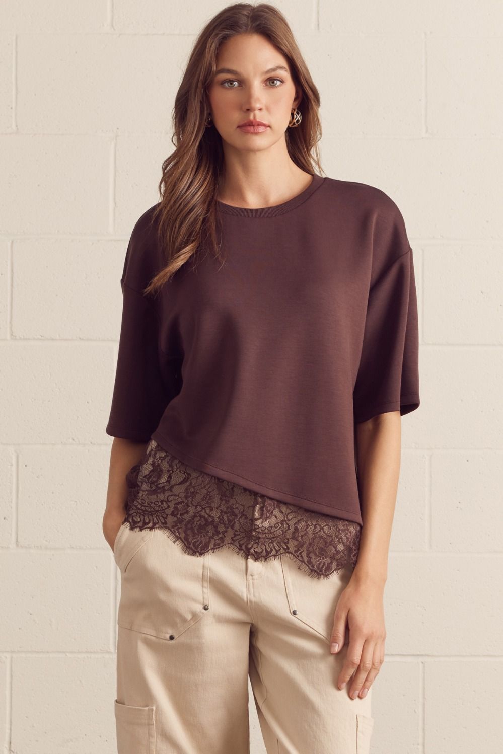 Brown Knit Top with Lace Hem