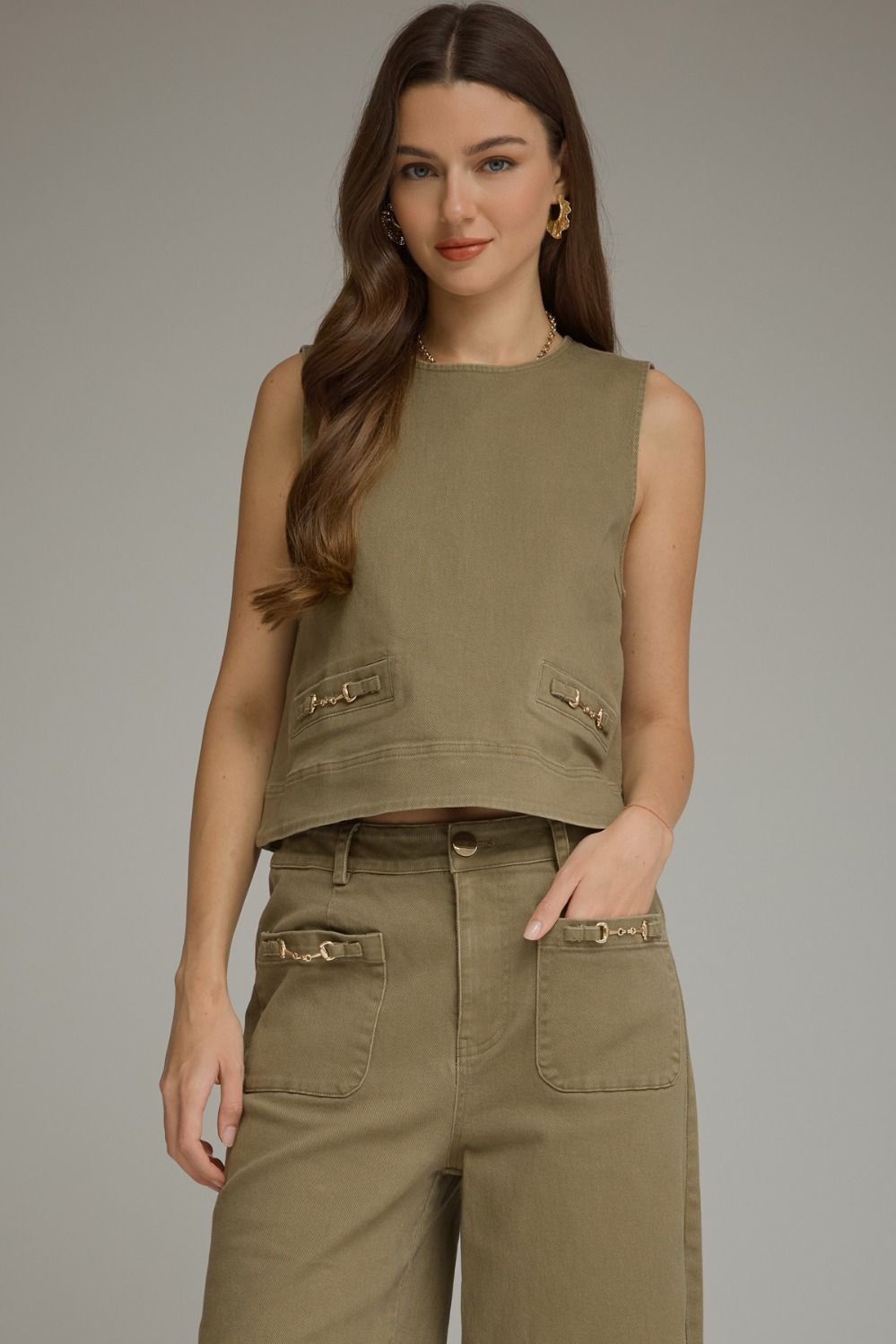 Olive Sleeveless Top w/ Horsebit Detail
