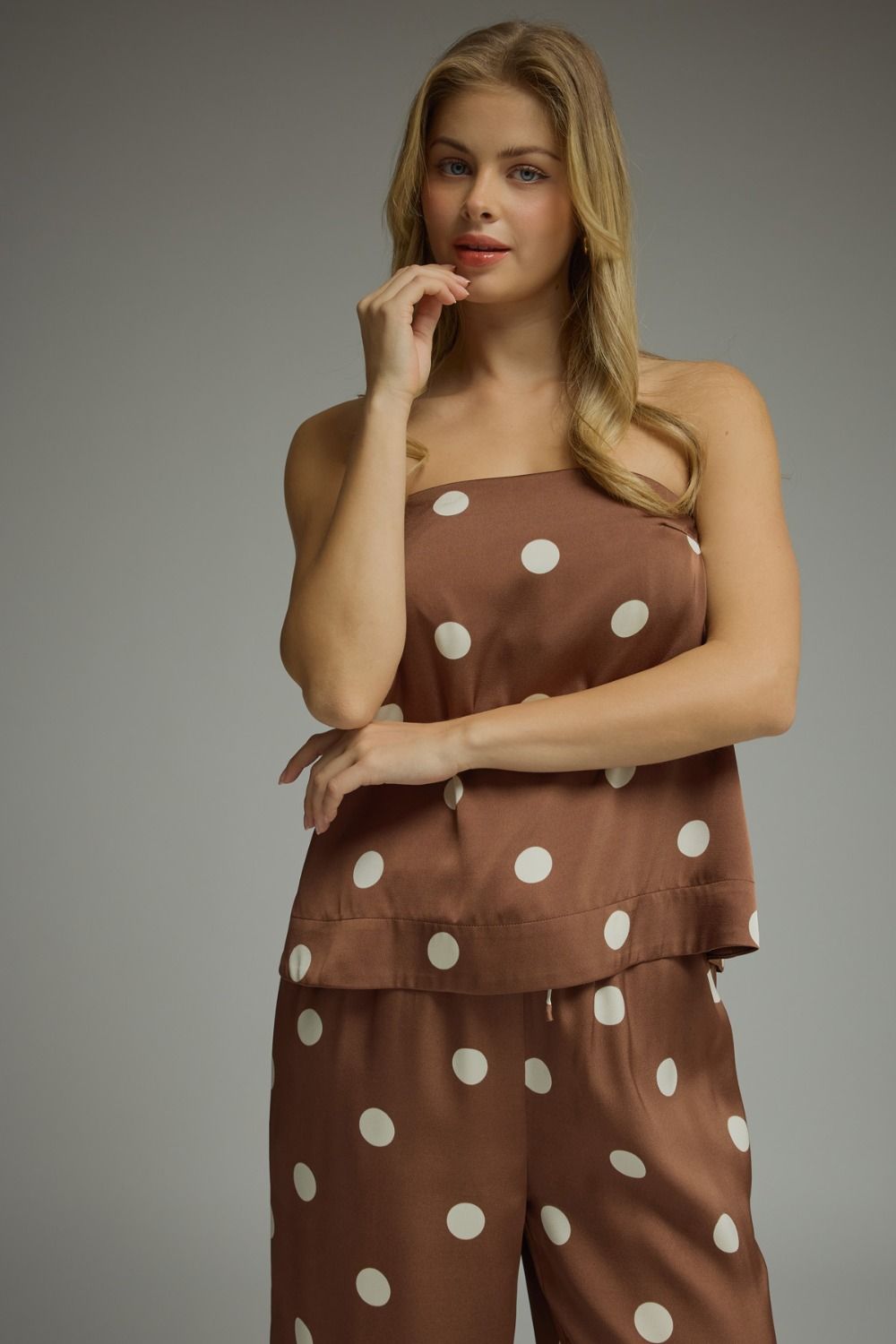 Brown Polka Dot Strapless Top