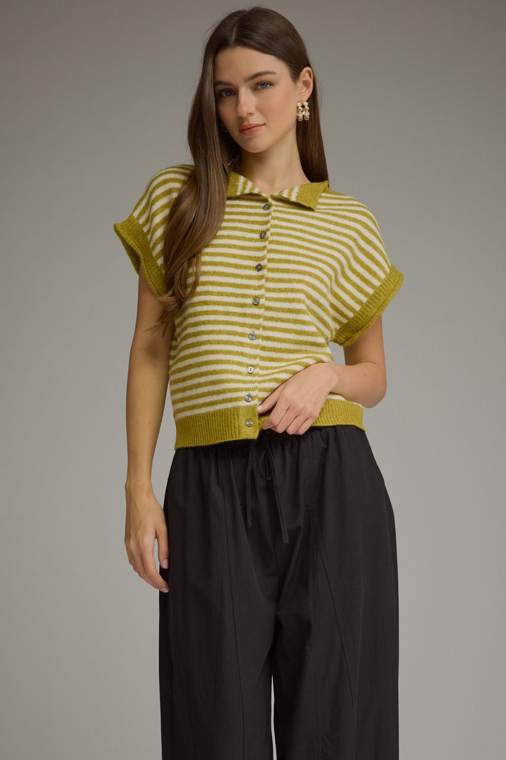 Martini Olive Stripe Cap Sleeve Knit Top