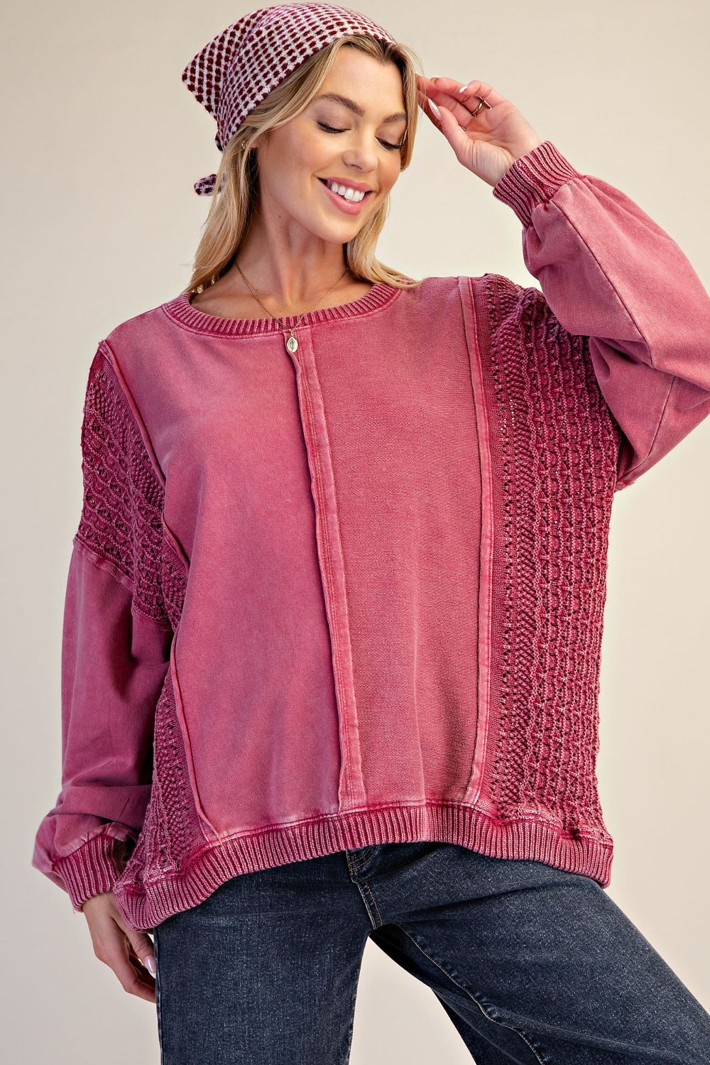 Raspberry CROCHET MIX WASHED TERRY KNIT PULLOVER