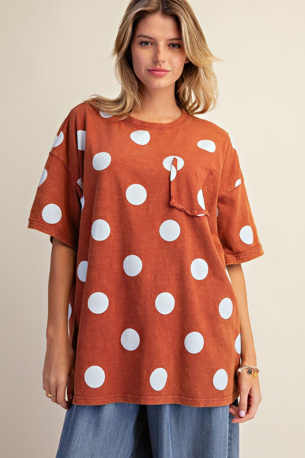 Cinnamon Polka Dot Printed Washed Slub Top