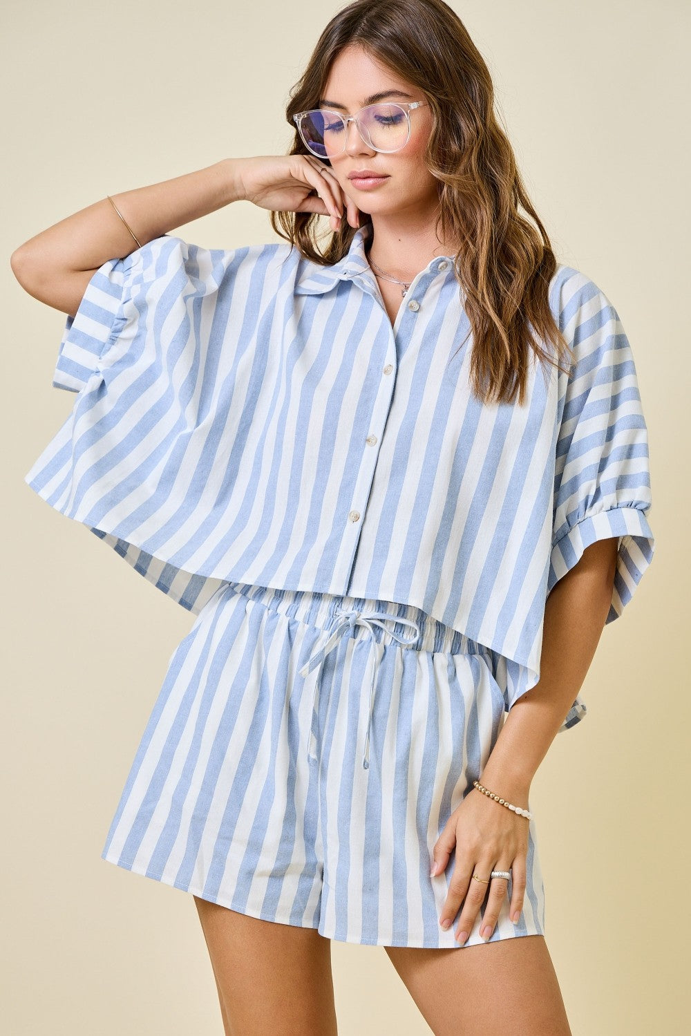 Light Blue Striped Boxy Cropped Shirt W/ Matching Shorts Set