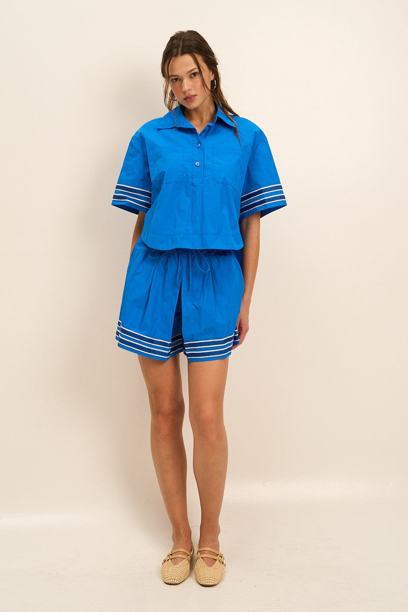 Marlin Blue Glitter Striped Sleeve Polo Shirt