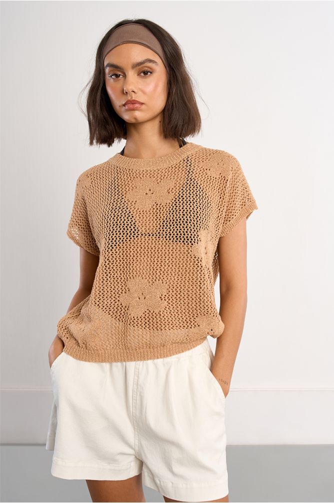 Camel Fine Knit Top with floral details