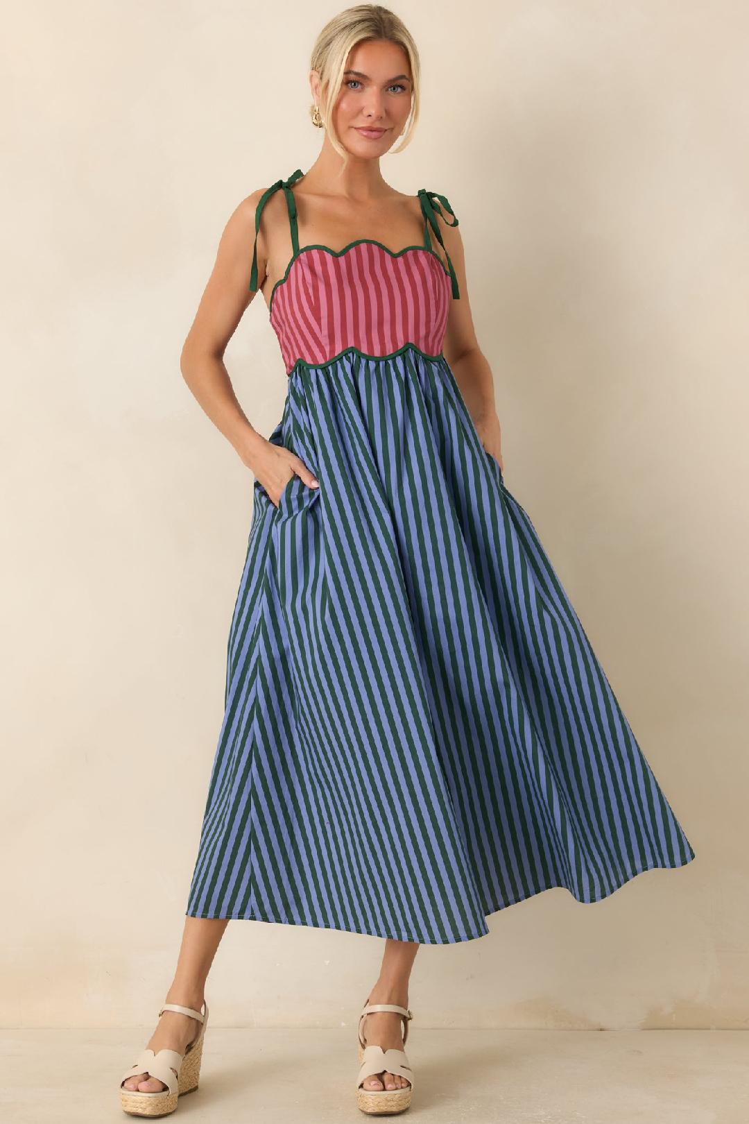 Green/Blue Striped Midi Dress