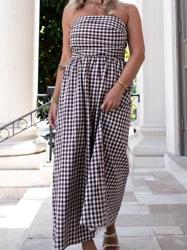 Brown Gingham Tube Maxi Dress