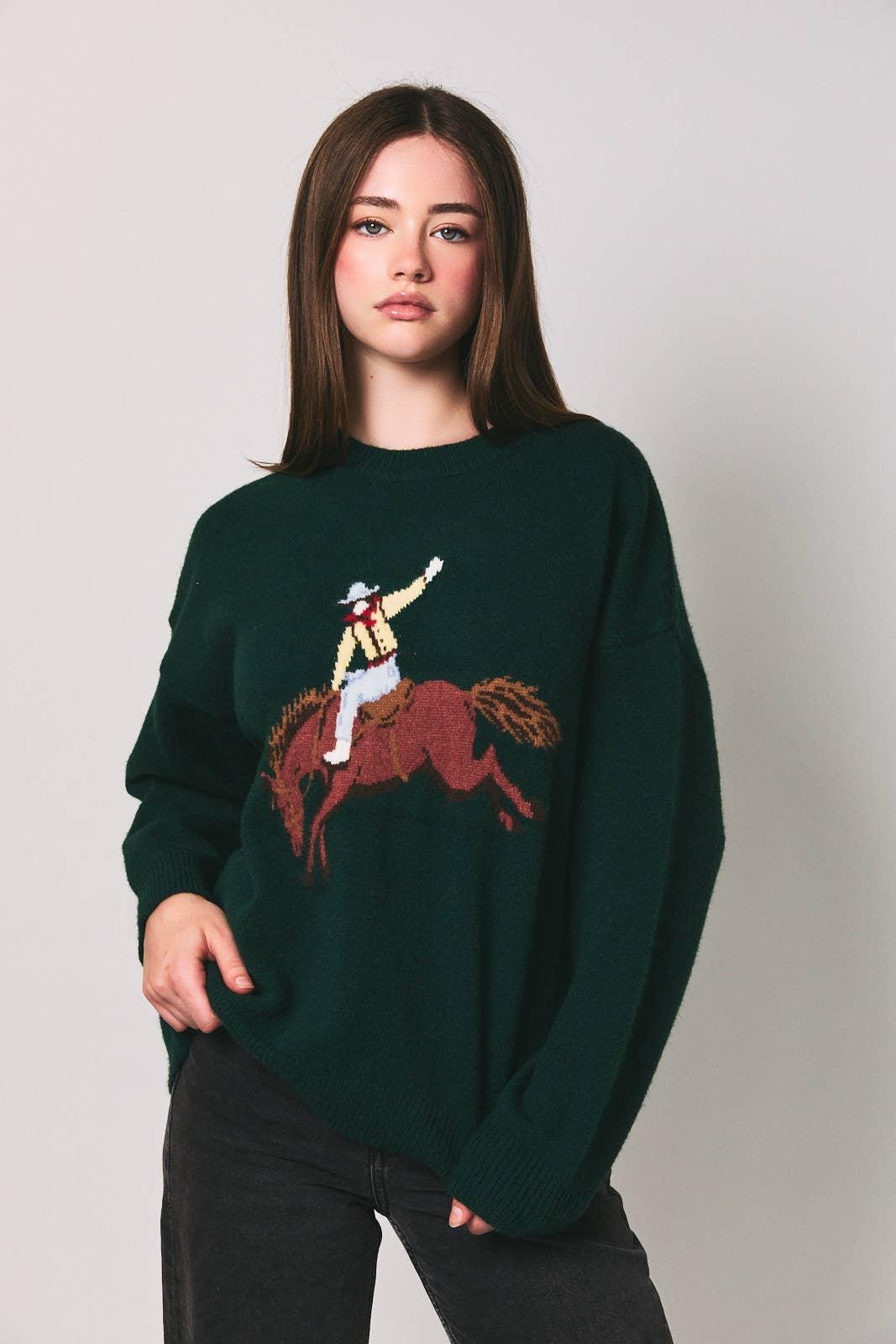 Hunter Green Crewneck Cowboy Oversized Sweater
