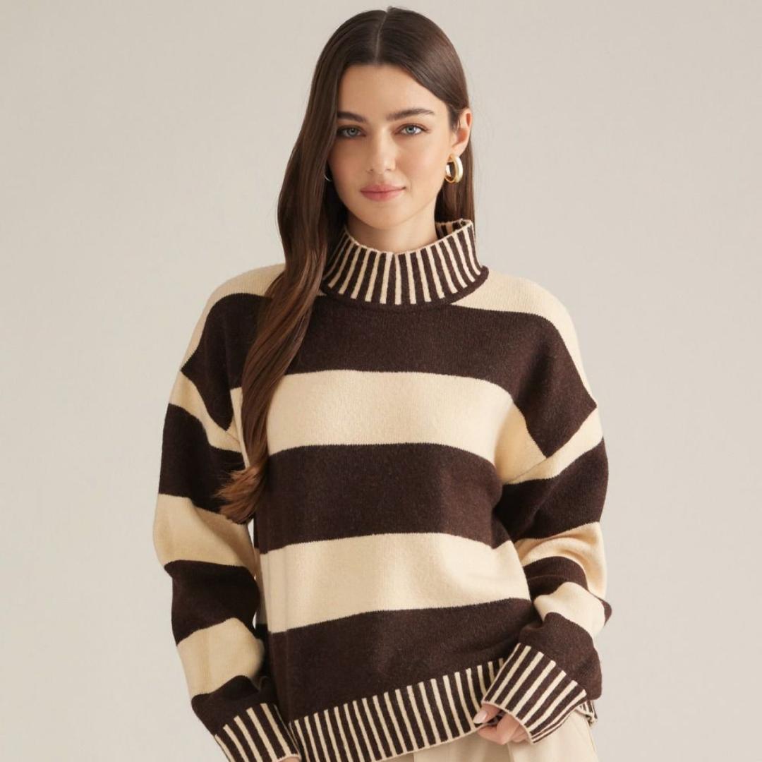 Brown Stripe L/S Mock Neck Sweater